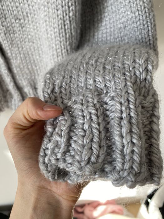 Wełniany szary gruby kardigan sweter srebrna nitka