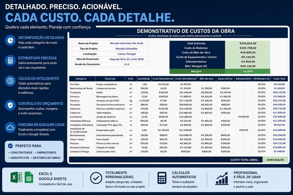 Folha de Cálculo Excel Orçamento Construção, Remodelação e Obras | Custos de Obra + Dashboard + Folha de cálculo Orçado vs Real