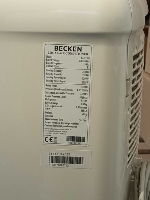 Ar Condicionado Portátil Becken BAC 2511 (24m2 - 1200BTU - Branco)