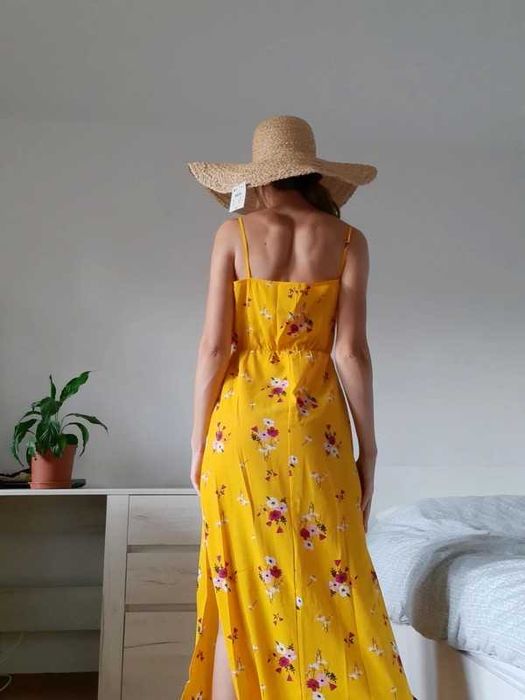 Sukienka letnia ASOS XS długa piękna z rozcięciem w kwiaty żółta