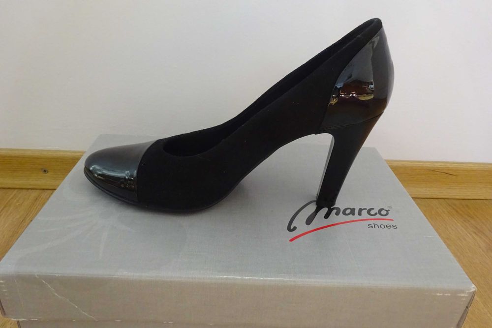 Czółenka czarne skórzane na obcasie rozmiar 38, obcas 8,5 cm