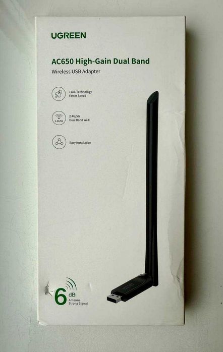 USB WiFi адаптер UGREEN AC650 CM496 дводіапазонний 2.4/5 ГГц 6dBi
