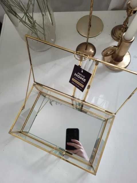 Pudełko / szkatułka szklana złota - słodki stół, obrączki, dekoracje