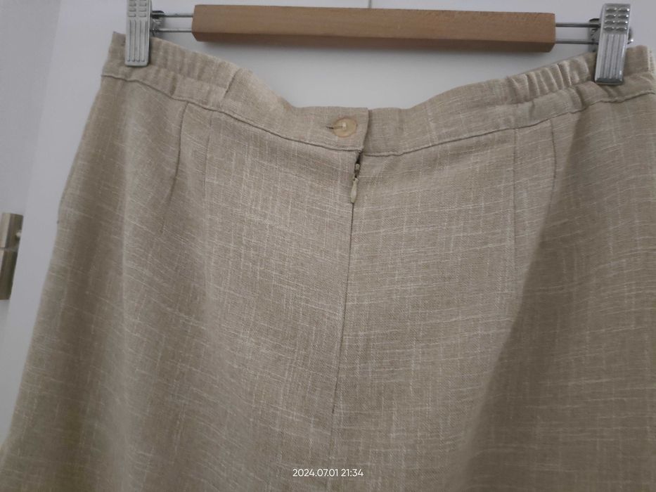 Piękny Komplet_ Beż/ Len_Spódnica Midi i Żakiet_40_Lux