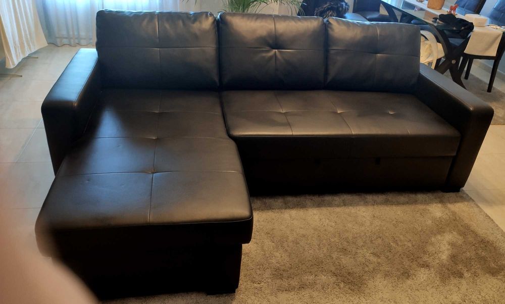 Sofá-Cama Chaise long reversível (direito/esquerdo) c/ arrumação Preto