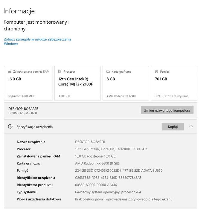 Komputer do Gier i Nauki RX6600 + I3 12100F + 16Gb Ram + 700GB SSD