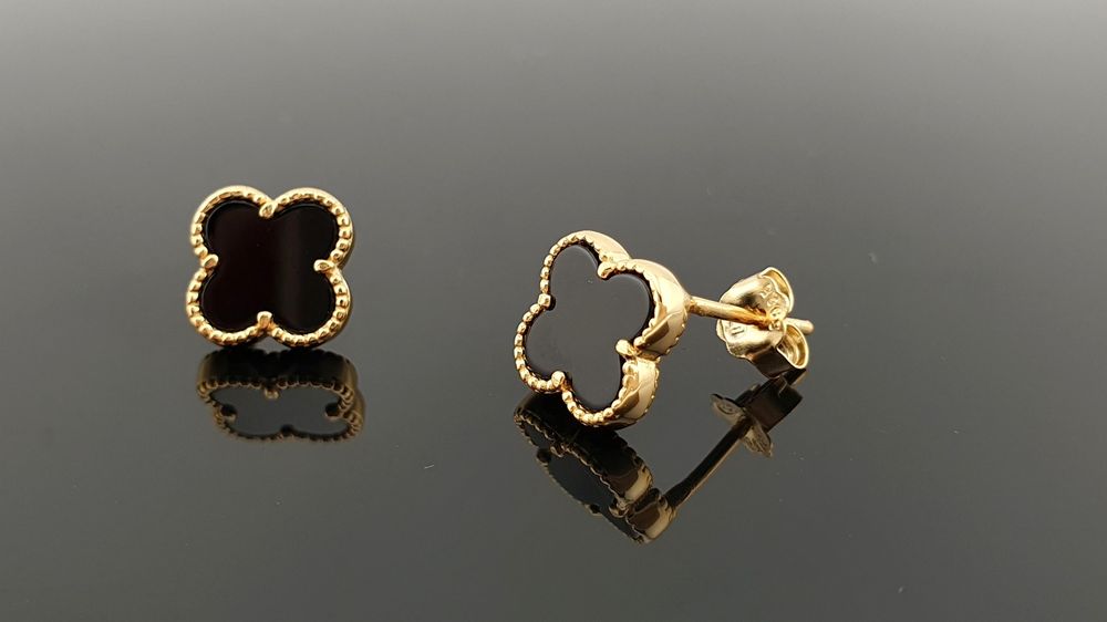 Kolczyki srebrne pozłacane pr.925 czarne koniczynki koniczyny z onykse