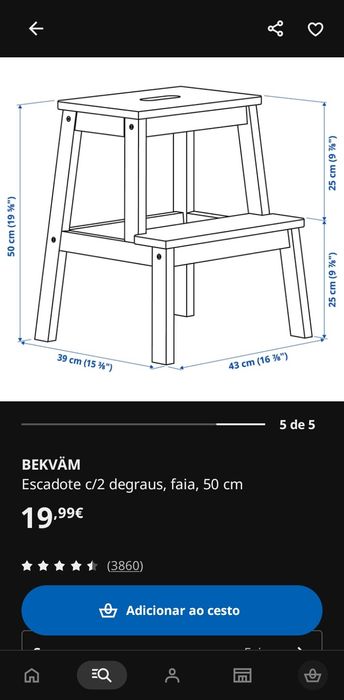 BEKVAM IKEA escadote com 2 degraus em faia, 50 cm