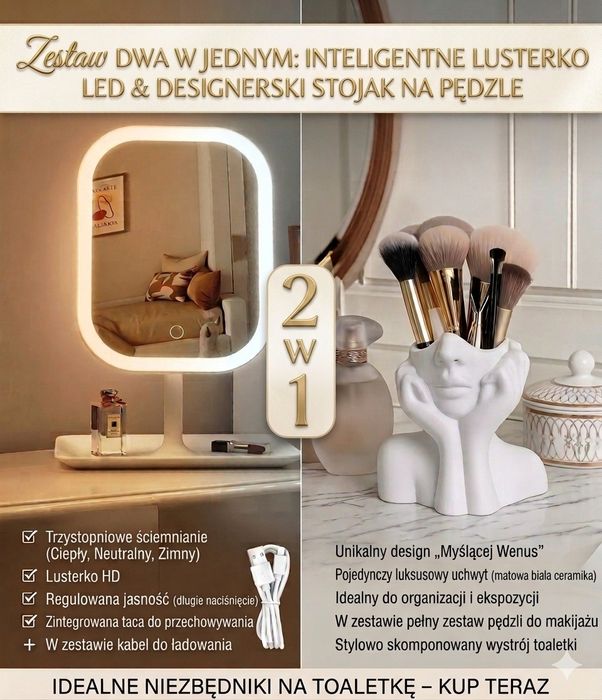 Zestaw Venus 2w1 Smart Lusterko LED + Organizer na pędzle  kredki  USB Świecące