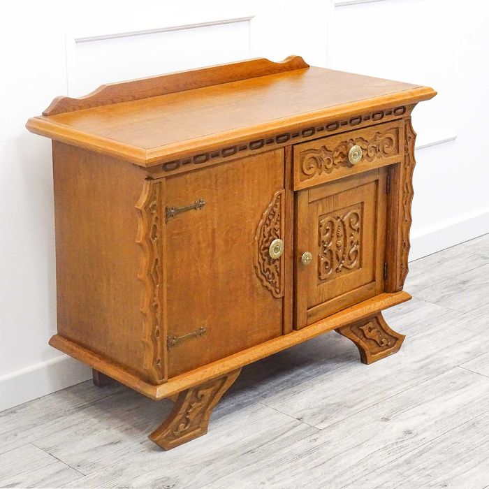 DĘBOWA KOMODA na nóżkach ZDOBIONA komoda z szufladą lata 80 odświeżona