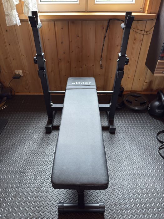 Kompletna domowa siłownia – ławka, 86 kg obciążenia, gryfy, drążek.