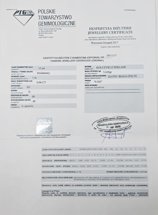 Złote kolczyki wtykane próba 585 14k z Perłą I diamentami  certyfikat