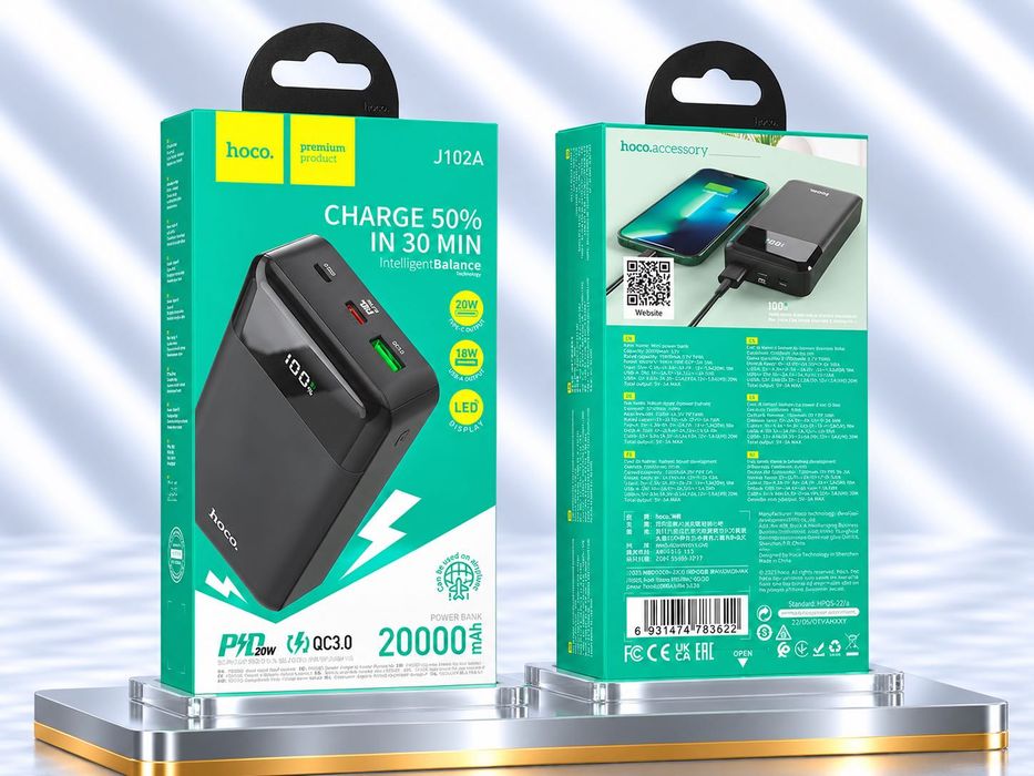 Повербанк HOCO J102A 20000 mAh 20W з дисплеєм