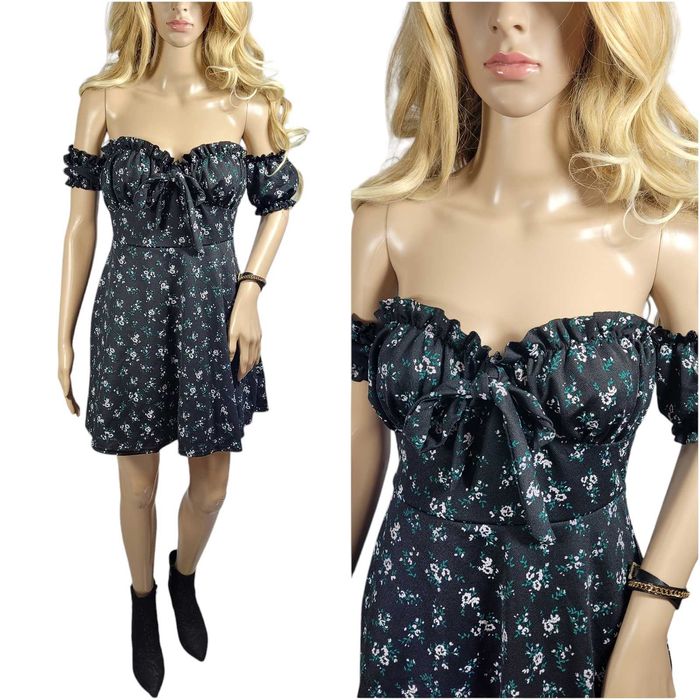 Nowa czarna mini sukienka 36,S/38,M PrettyLittleThing kwiatki bufki