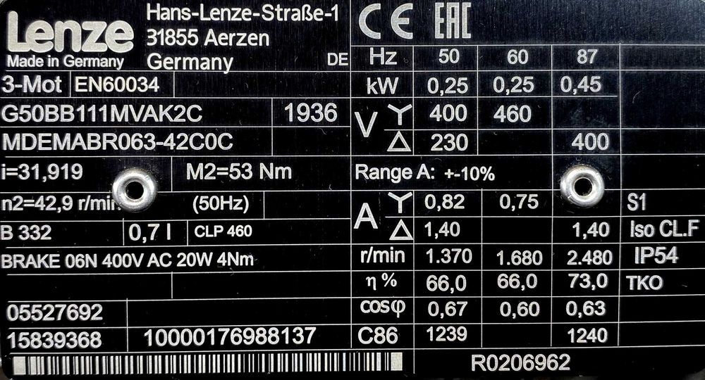 motoreduktor / przekładnia 0,25kW 42,9obr. 3fazowy HAMULEC Lenze (koł)