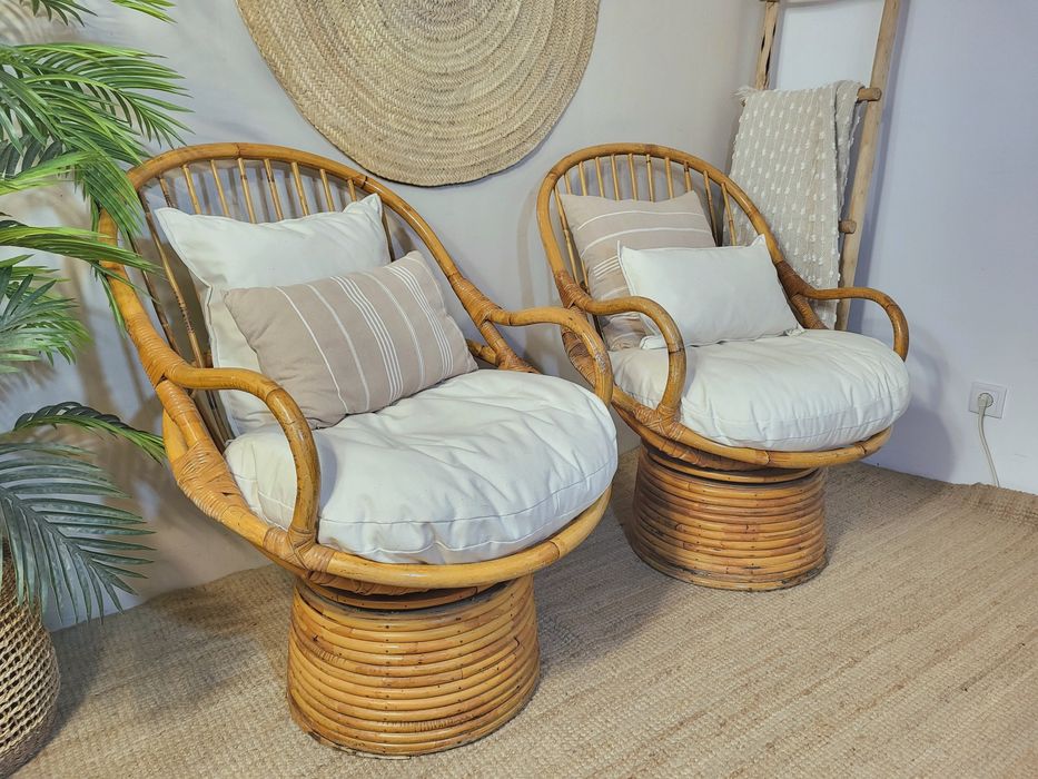 2 cadeiras, poltrona, rotativas, bambu, rattan, vintage, rustico