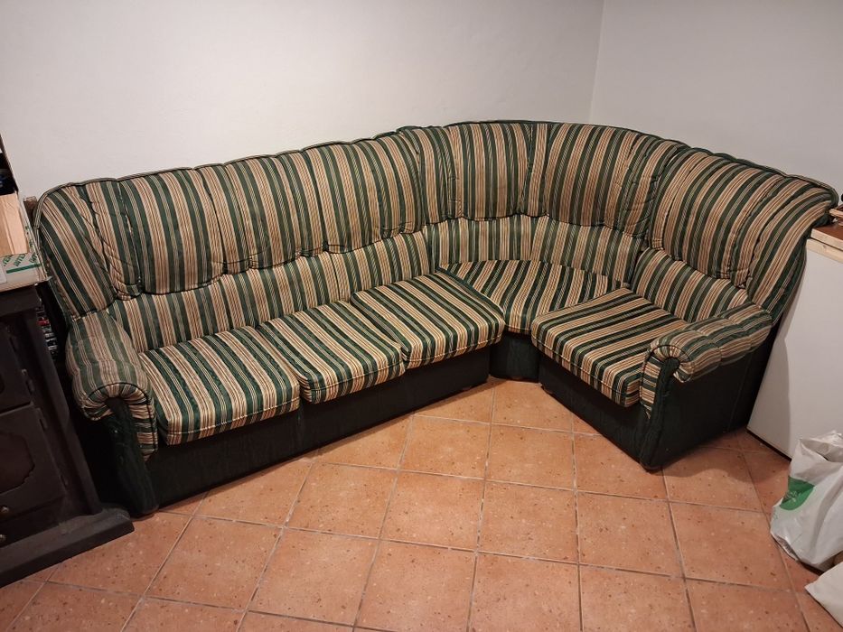 Sofá Cama em L Verde e Creme