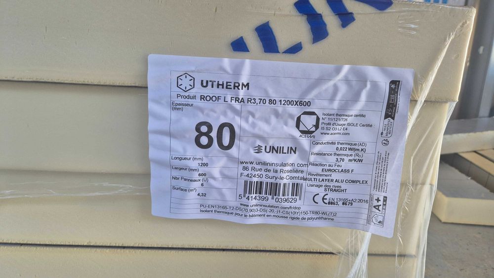 Placas de PIR UNILIN UTHERM ROOF L 80mm e 40mm (Sobras de Obra)