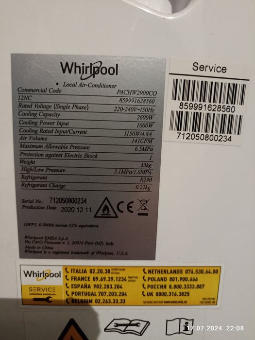 Klimatyzator przenośny Whirlpool PACW2900CO z gwarancją