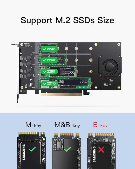 Inateck Placa PCIe x16 para M.2, suporta 4 SSDs NVMe,