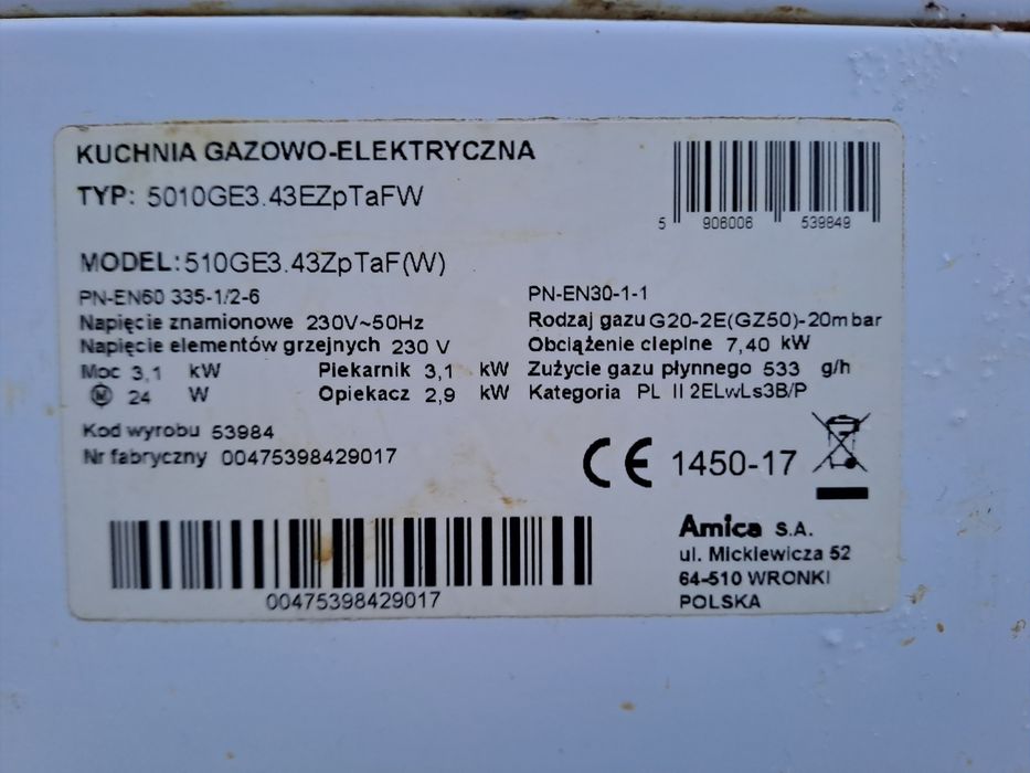 Kuchenka gazowo-elektryczna  Amica