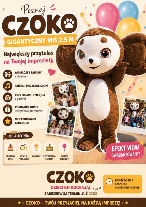CZOKO – GIGANTYCZNY MIŚ 2,5 m na imprezy !