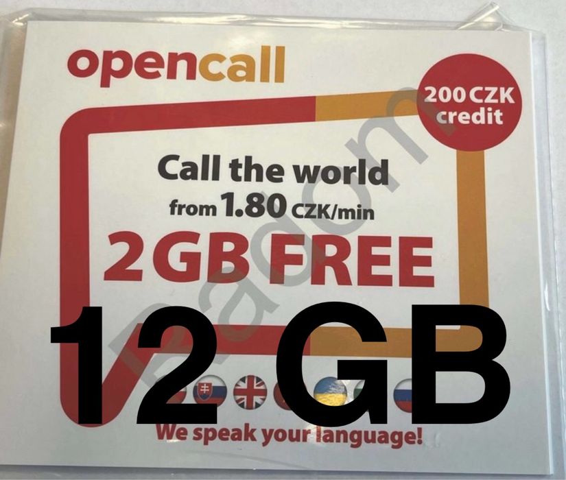 Czechy 12GB sim karta Opencall 200kc czeski starter nowy sieci O2