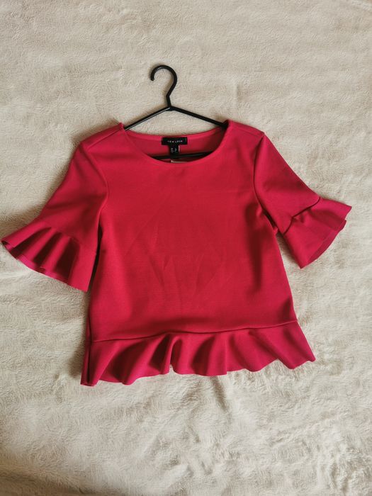 Bluzka damska letnia impreza elegancka basic barbie falbanki fuksja