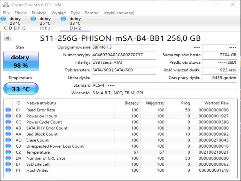 SSD mSaTa 256GB PHison