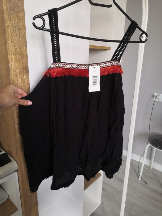 Papaya nowa czarna luźna bluzka frędzle frędzelki boho.