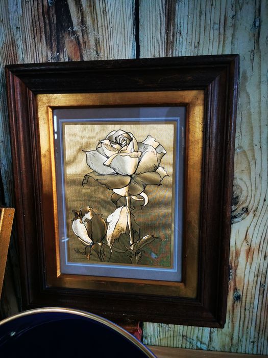 Obraz, obrazek, złota folia, róża, drewniana rama  UNIKAT