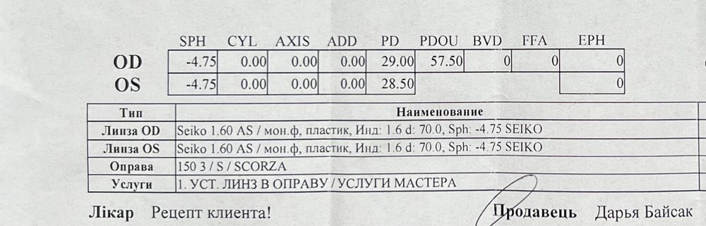 Окуляри Scorza з лінзами Seiko -4.75