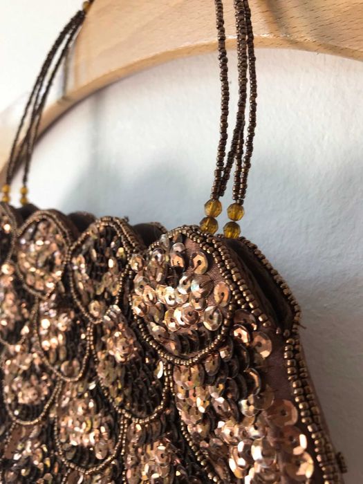 Miedziana cekinowa torebka vintage Aldo koraliki