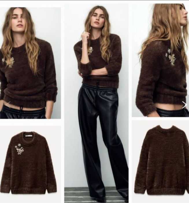 ZARA Sweter czekoladowy z broszkami L