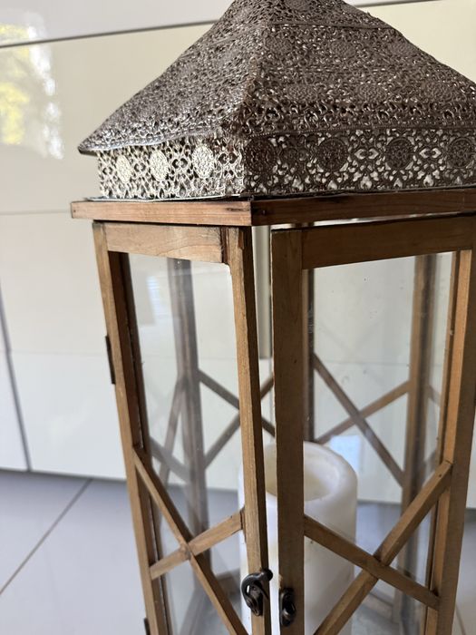 Duży orientalny lampion marokański/indyjski 73 cm drewno metal szkło