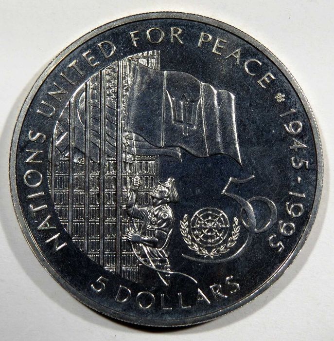 MOEDA Barbados - 5 Dollars 1995 50TH Aniversário U.Nations - Soberba