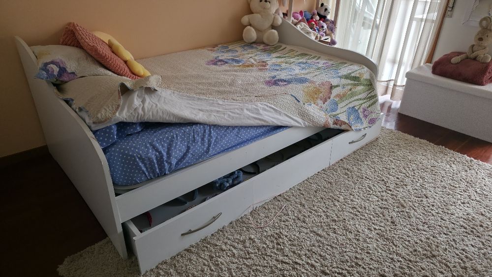 Cama de solteiro dupla com gavetão | 120 x 190 cm | Branca