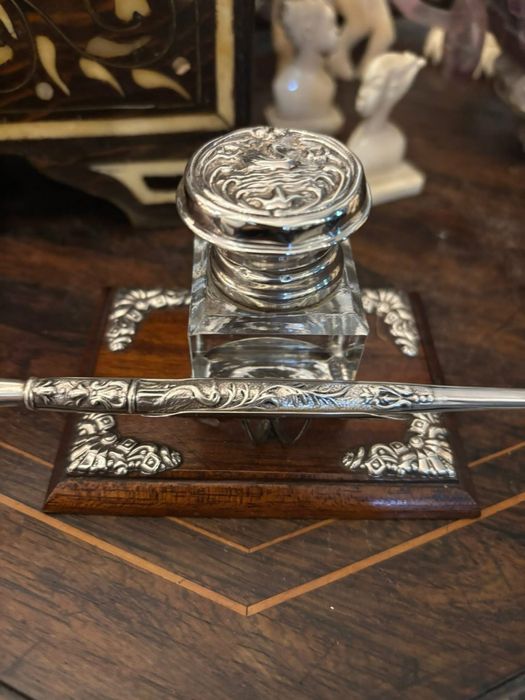 Tinteiro madeira e prata