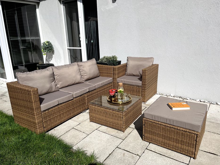 (GD) BORNEO zestaw technorattan beżowoszary sofa fotel pufa