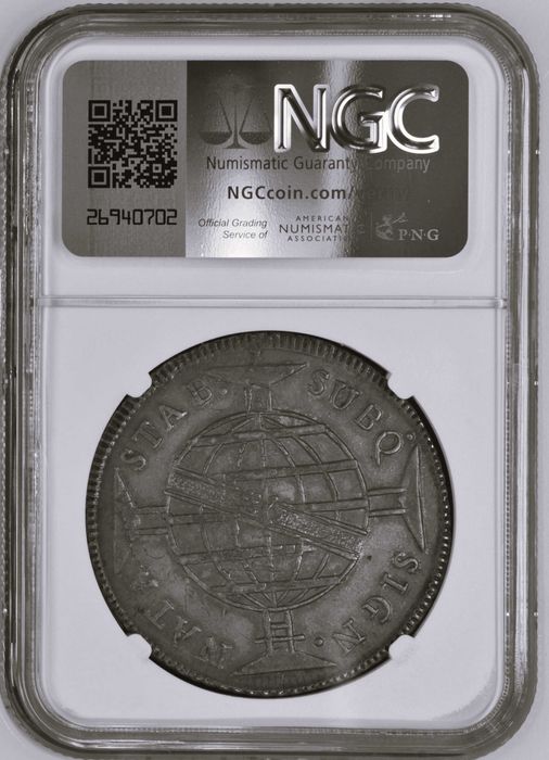 Moeda Prata Brasil 1812 B 960 Réis certificada NGC AU58 (Patacão)