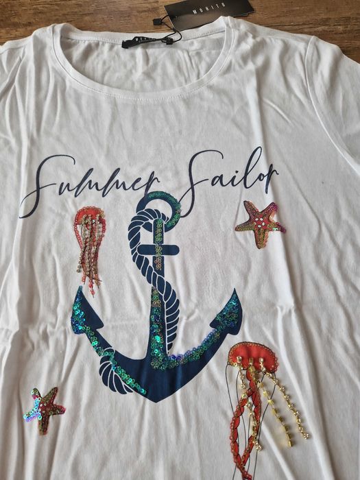 NOWY T-shirt Mohito biały morski kryształki cekiny rozm. M