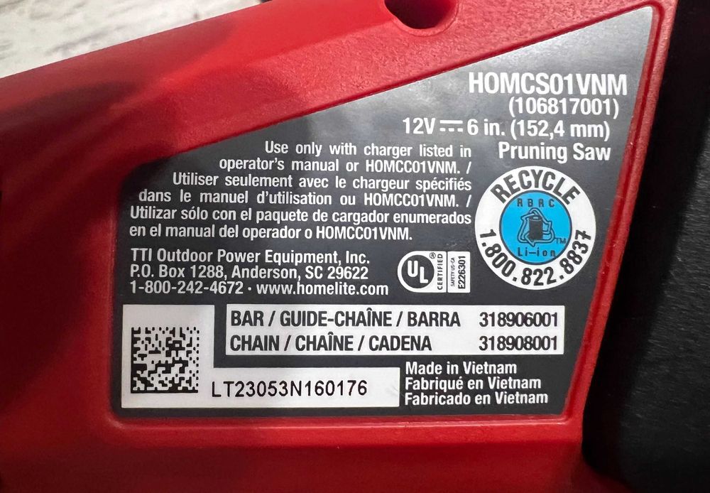 Сучкоріз підрізна ланцюгова міні пила Homelite вбудований АКБ нова США