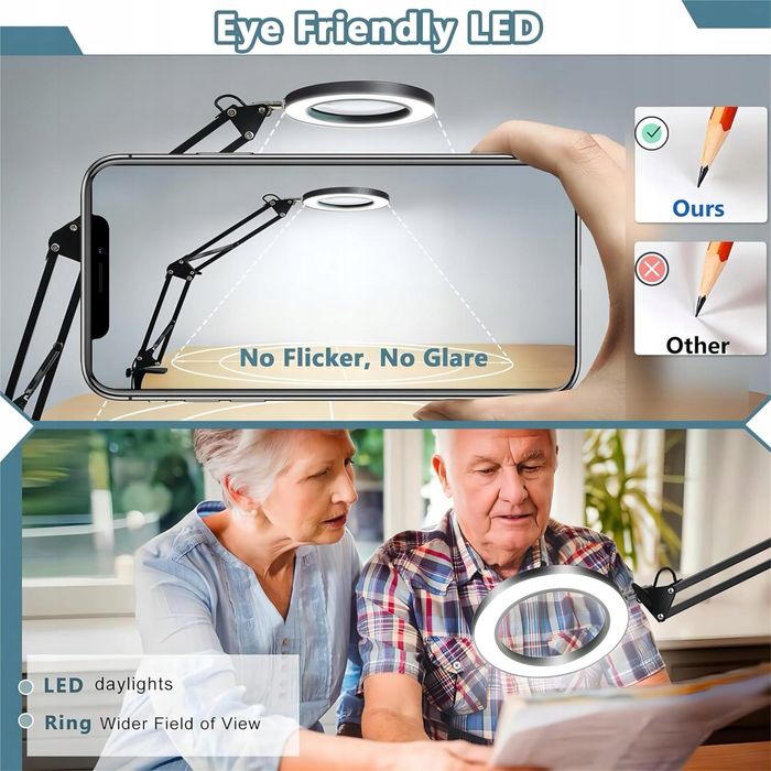 Lampa LED powiększająca 10X, 3 tryby kolorów, ściemniana