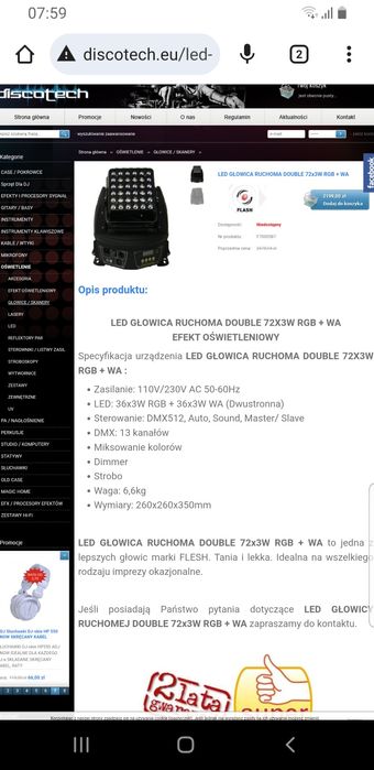 Głowica Głowa Ruchoma Światło DJ Led Double 72RGB +WA