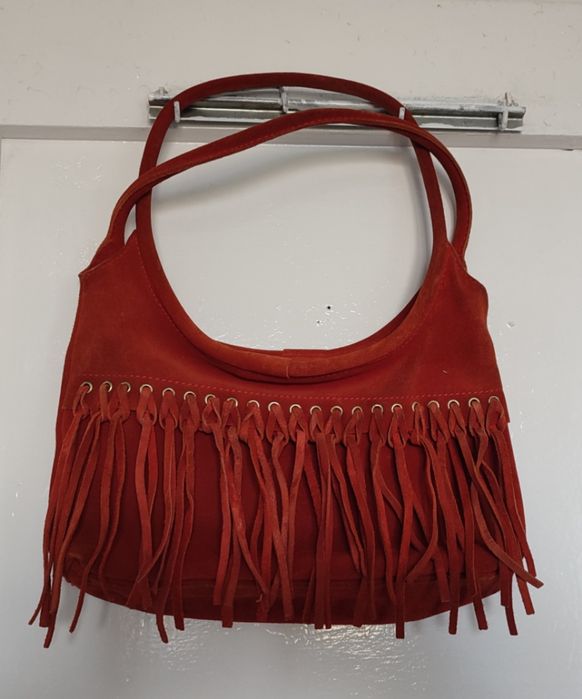 Torebka z surowej skóry zamszowej, lata '90, pomarańczowa frędzle boho