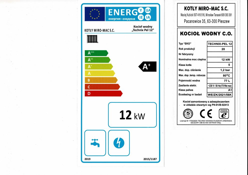 Piec CO  pellet  ekogroszek owies  drewno kocioł kotły 12 kW  5 klasa