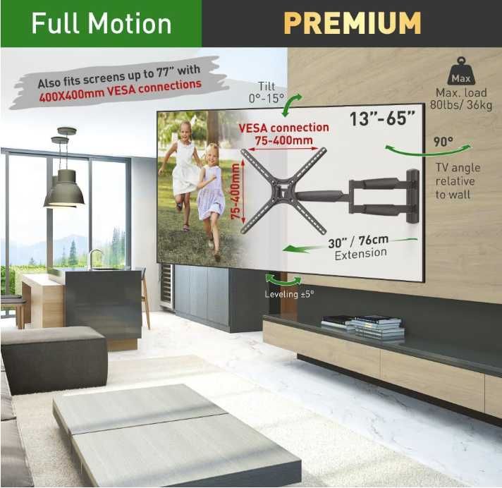 Кронштейн Barkan Extra Long TV Wall Mount для телевізора 13-65 ТВ настінний VESA держатель 76см крепление держатель настенное выдвижной висувний