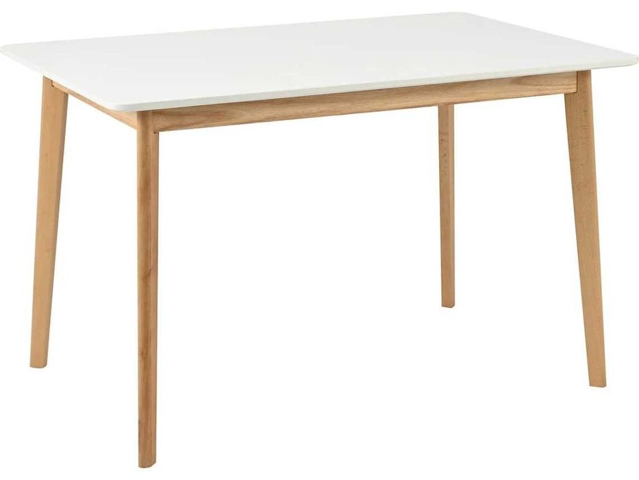 Mesa, tampo branco e pernas de madeira