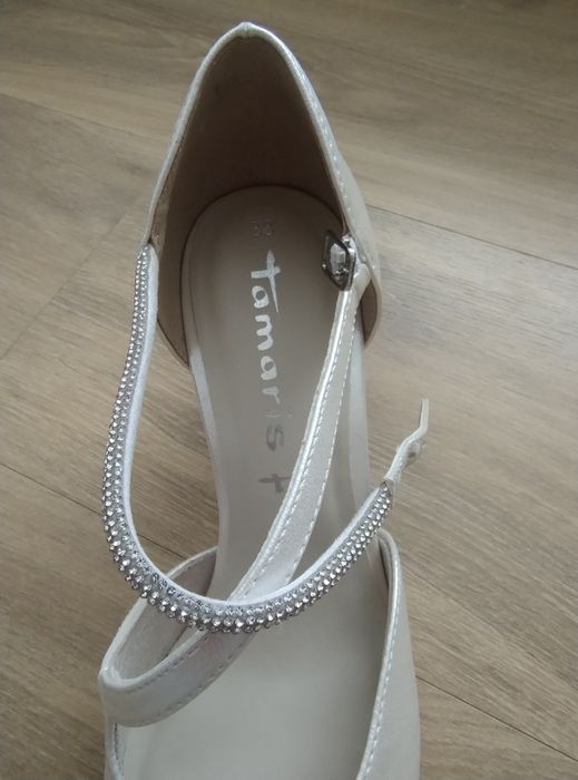 Buty ślubne r. 38 białe perłowe, Tamaris stabilna szpilka