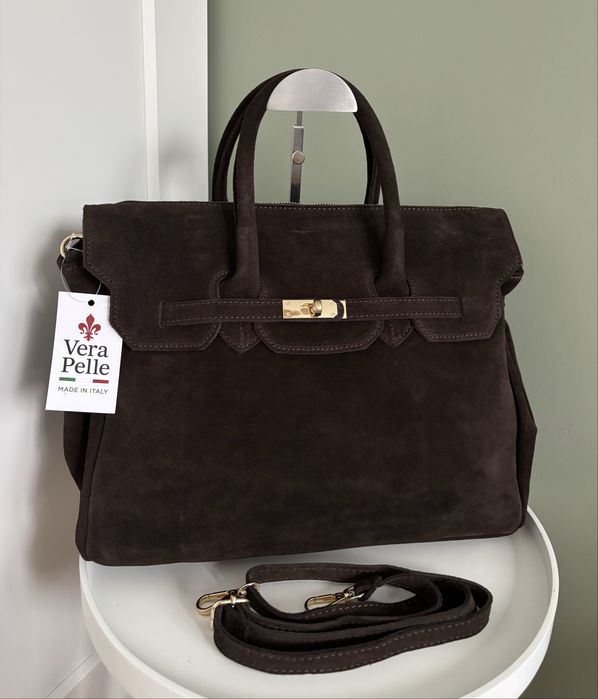 Piekna elegancka torebka z prawfziwego zamszu Vera Pelle czekolada NEW